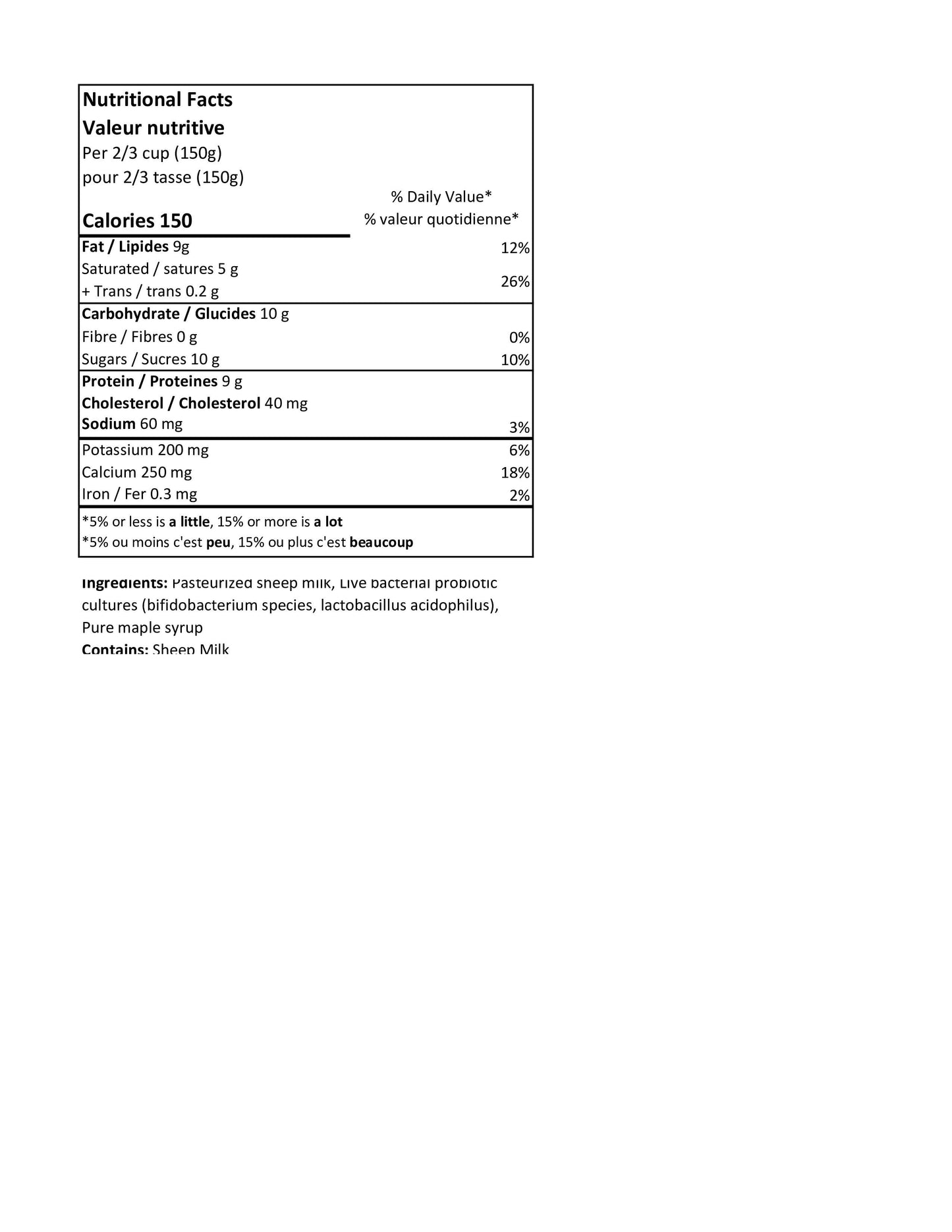 150g Maple Sheep Yogurt - SALE 25% OFF reg. $3.25