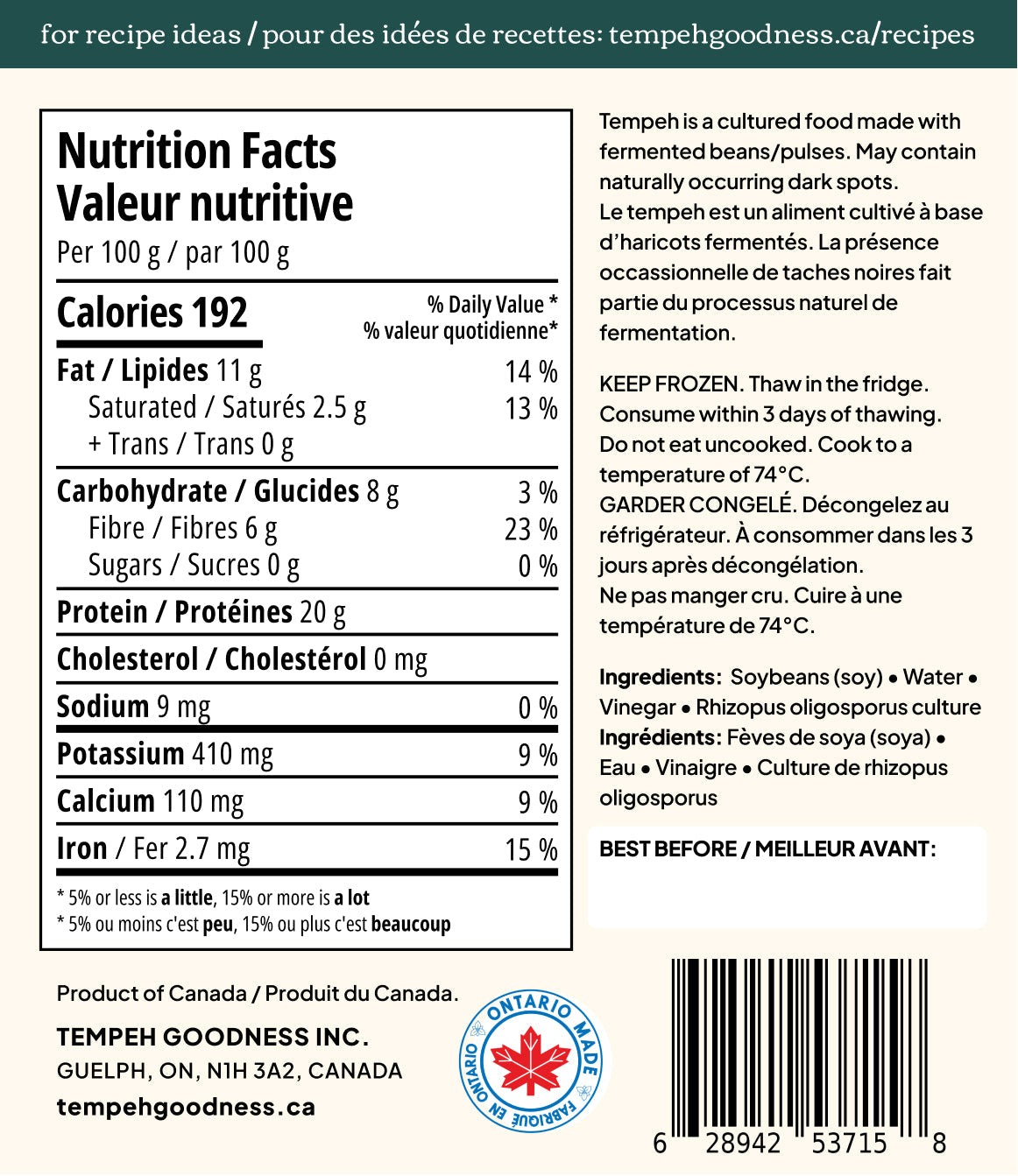 Organic Soy Tempeh (Indonesian style)