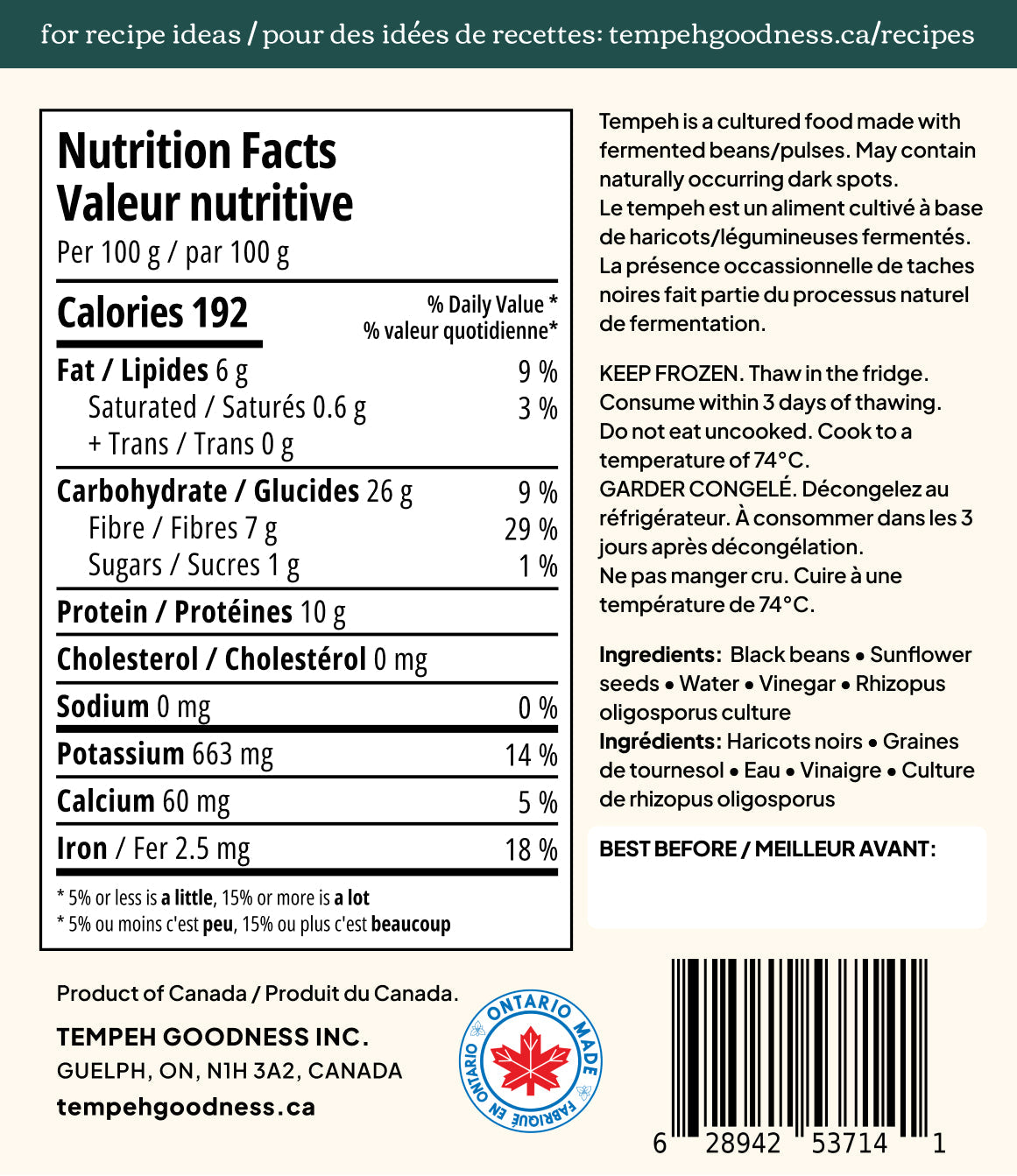 Black Bean & Sunflower Seed Tempeh