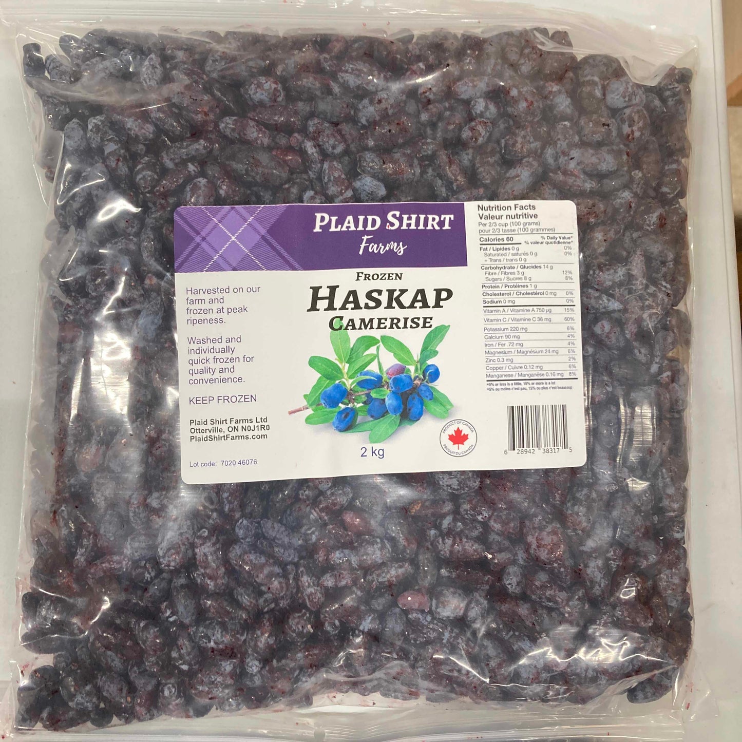 Frozen Haskap Berries – Ontario-Grown, IQF, 2 kg (4.4lbs) Zip Bag