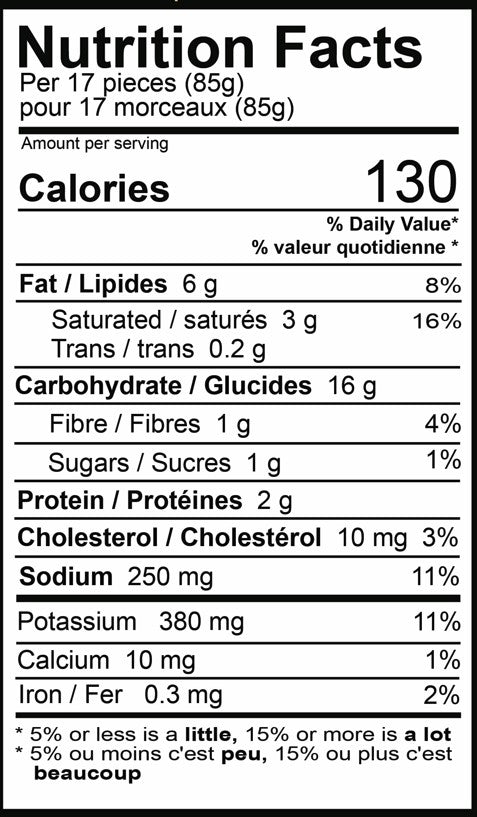 Straight Cut Fries Nutrition Fact Sheet